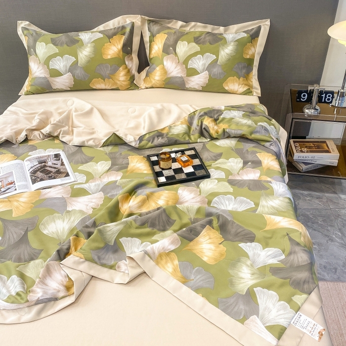 91家纺网 家纺一手货源 找家纺 棉生活 2023新款莱赛尔天丝绣花夏被 银杏叶 绿