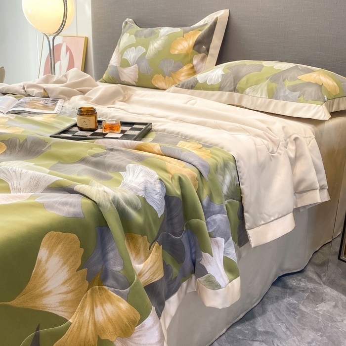 91家纺网 家纺一手货源 找家纺 棉生活 2023新款莱赛尔天丝绣花夏被 银杏叶 绿