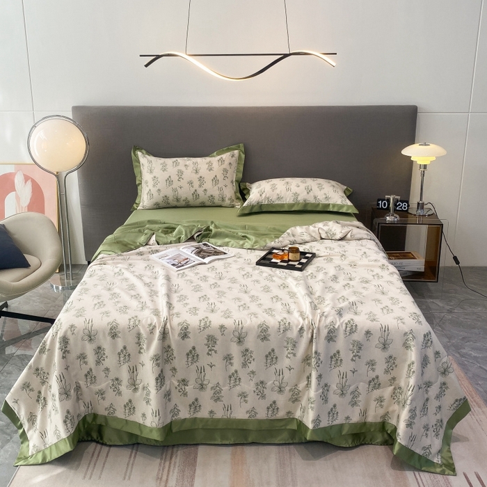 91家纺网 家纺一手货源 找家纺 棉生活 2023新款莱赛尔天丝绣花夏被 枝蔓 绿
