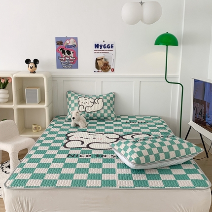 昔可家纺2023新款大版卡通乳胶凉席第二批 绿色棋盘格狗