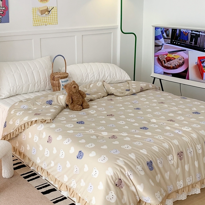 91家纺网 家纺一手货源 找家纺 昔可家纺2023新款花边款云柔针织大豆夏被 爱心小熊