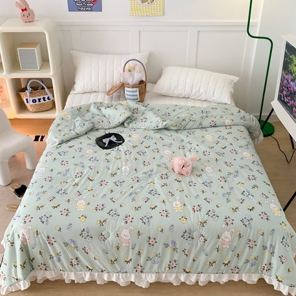 昔可家纺2023新款花边款云柔针织大豆夏被 花小兔