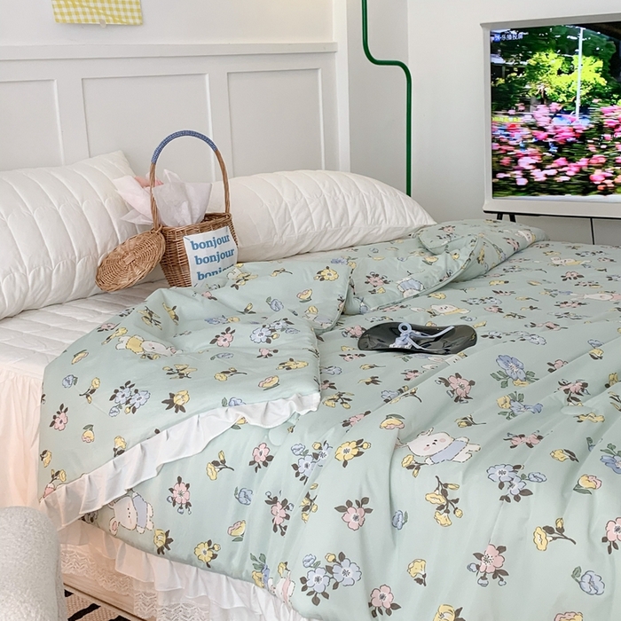 91家纺网 家纺一手货源 找家纺 昔可家纺2023新款花边款云柔针织大豆夏被 花小兔