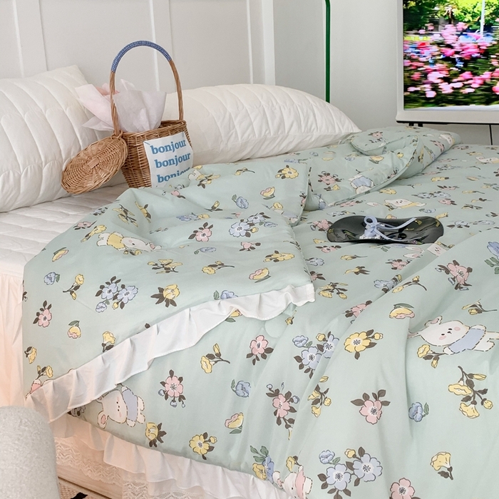 91家纺网 家纺一手货源 找家纺 昔可家纺2023新款花边款云柔针织大豆夏被 花小兔