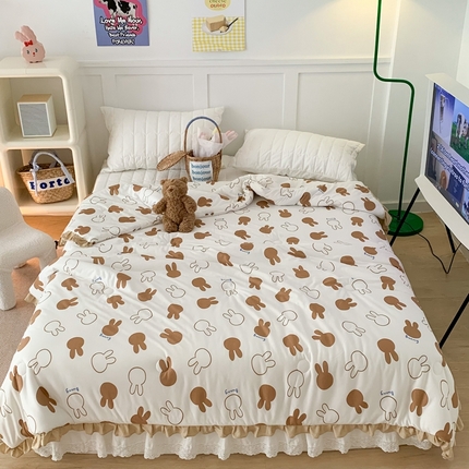 昔可家纺2023新款花边款云柔针织大豆夏被 咖色小兔头