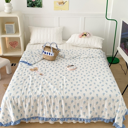 昔可家纺2023新款花边款云柔针织大豆夏被 蓝色郁金香