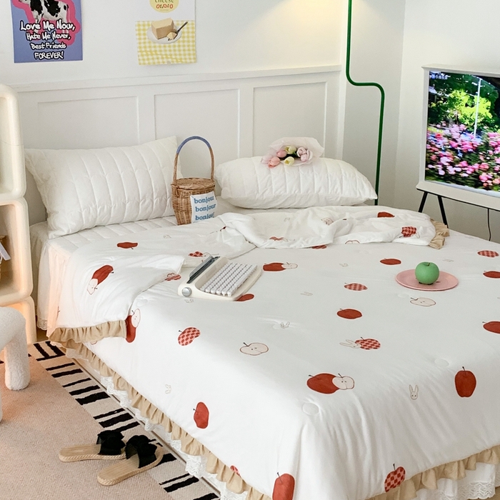 91家纺网 家纺一手货源 找家纺 昔可家纺2023新款花边款云柔针织大豆夏被 苹果小兔