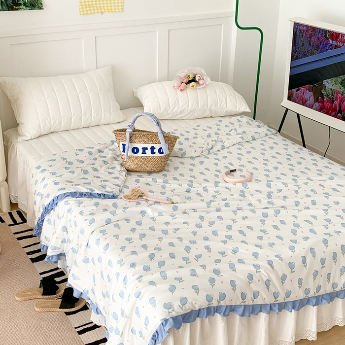 91家纺网 家纺一手货源 找家纺 昔可家纺2023新款花边款云柔针织大豆夏被 蓝色郁金香