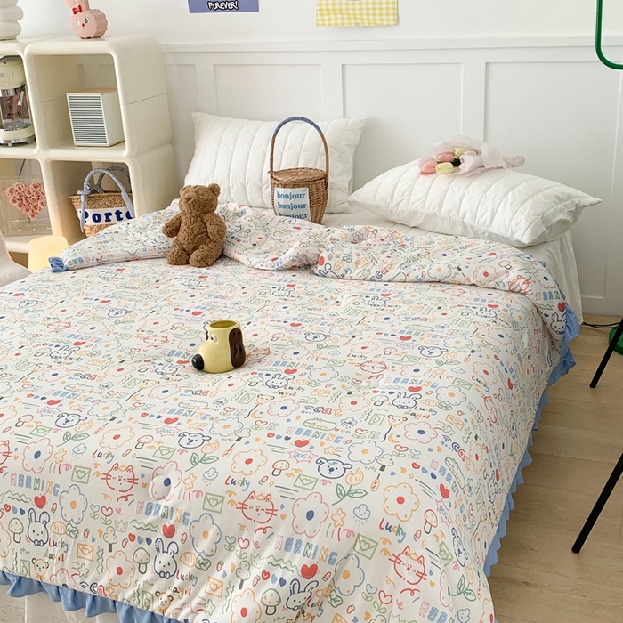 91家纺网 家纺一手货源 找家纺 昔可家纺2023新款花边款云柔针织大豆夏被 涂鸦画