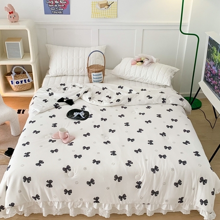 昔可家纺2023新款花边款云柔针织大豆夏被 小熊蝴蝶结黑