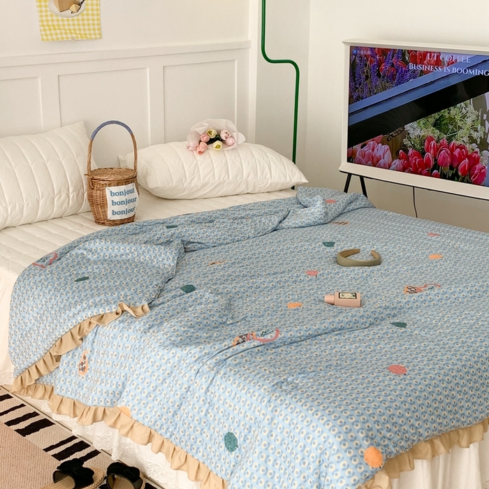 91家纺网 家纺一手货源 找家纺 昔可家纺2023新款花边款云柔针织大豆夏被 心动小花