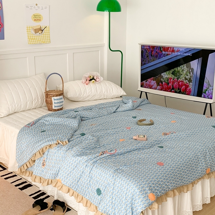 91家纺网 家纺一手货源 找家纺 昔可家纺2023新款花边款云柔针织大豆夏被 心动小花