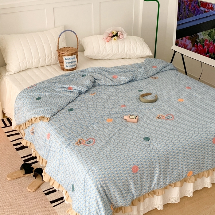 91家纺网 家纺一手货源 找家纺 昔可家纺2023新款花边款云柔针织大豆夏被 心动小花