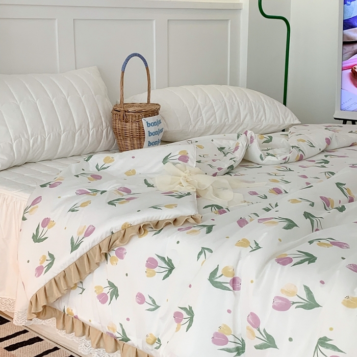 91家纺网 家纺一手货源 找家纺 昔可家纺2023新款花边款云柔针织大豆夏被 油画郁金香