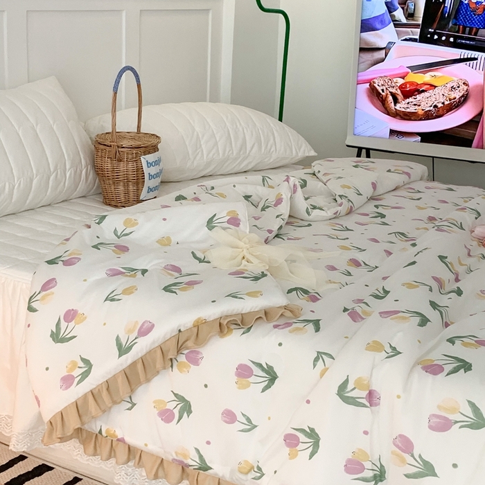 91家纺网 家纺一手货源 找家纺 昔可家纺2023新款花边款云柔针织大豆夏被 油画郁金香