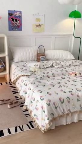 91家纺网 家纺一手货源 找家纺 昔可家纺2023新款花边款云柔针织大豆夏被 油画郁金香