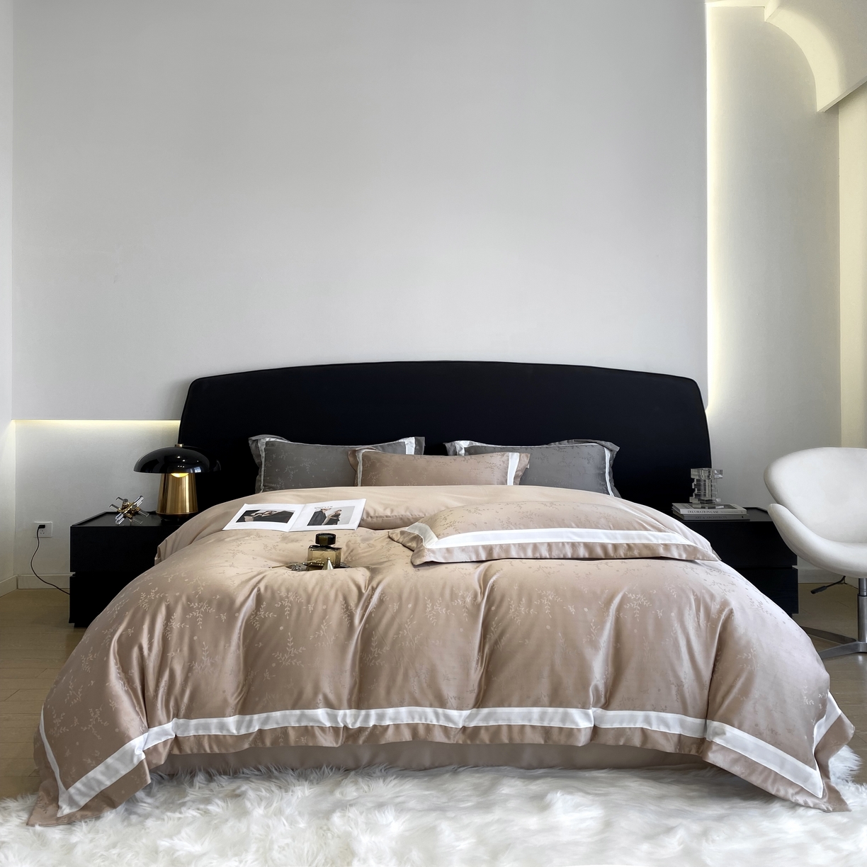 91家纺网 家纺一手货源 找家纺 优悦 宽边提花冰丝四件套 叶语香-米色