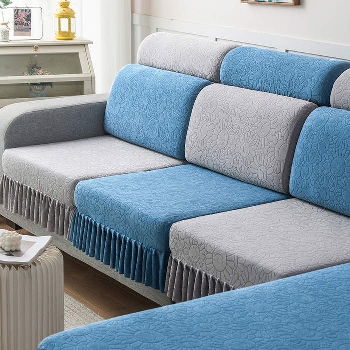 91家纺网 家纺一手货源 找家纺 千彤沙发垫-太阳花--裙边沙发笠系列 水蓝银灰