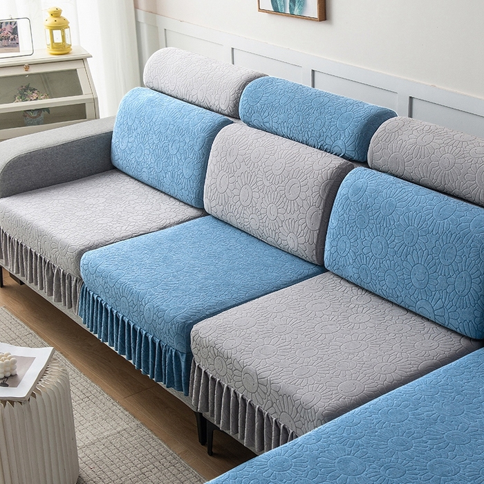 91家纺网 家纺一手货源 找家纺 千彤沙发垫-太阳花--裙边沙发笠系列 水蓝银灰