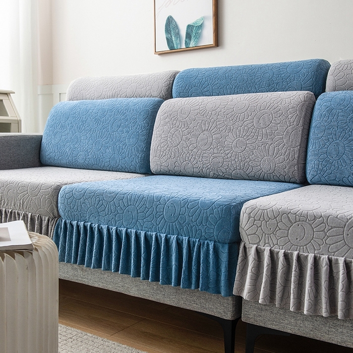 91家纺网 家纺一手货源 找家纺 千彤沙发垫-太阳花--裙边沙发笠系列 水蓝银灰