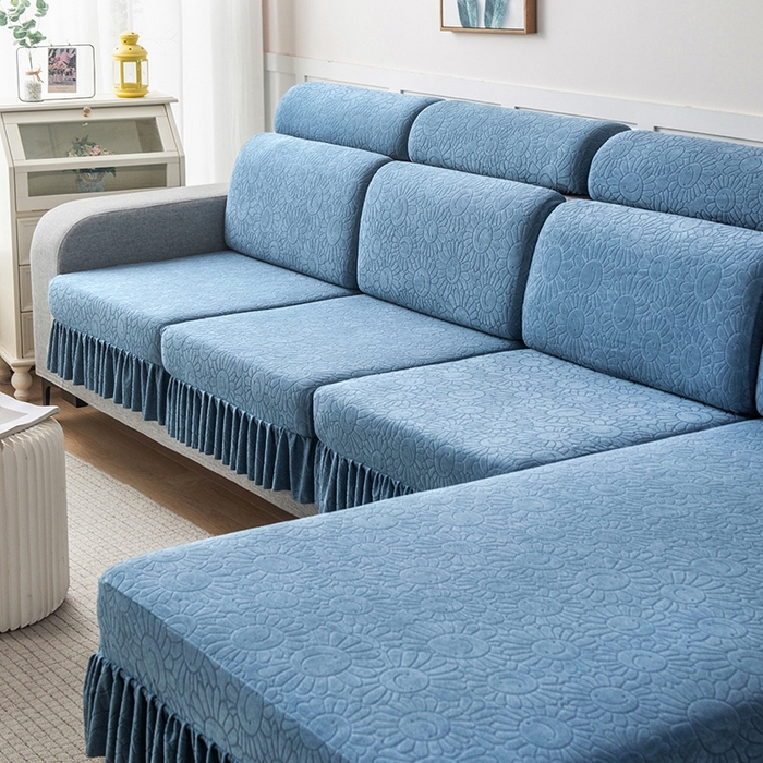91家纺网 家纺一手货源 找家纺 千彤沙发垫-太阳花--裙边沙发笠系列 水蓝