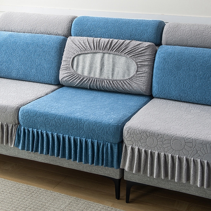 91家纺网 家纺一手货源 找家纺 千彤沙发垫-太阳花--裙边沙发笠系列 水蓝银灰