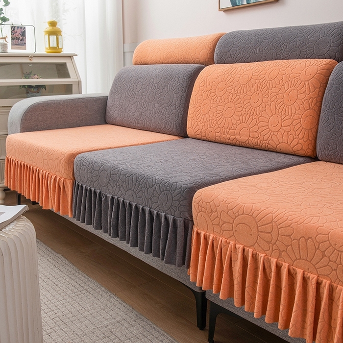 91家纺网 家纺一手货源 找家纺 千彤沙发垫-太阳花--裙边沙发笠系列 深灰橘色