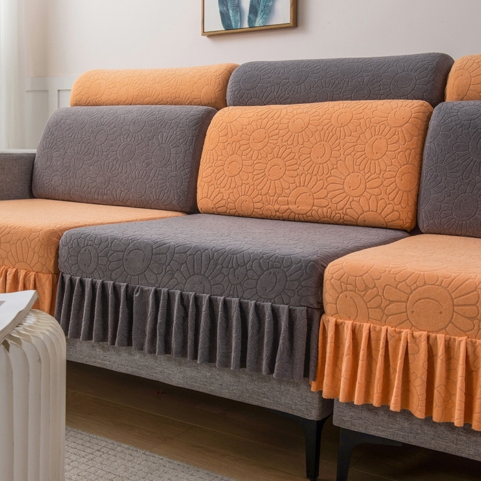 91家纺网 家纺一手货源 找家纺 千彤沙发垫-太阳花--裙边沙发笠系列 深灰橘色
