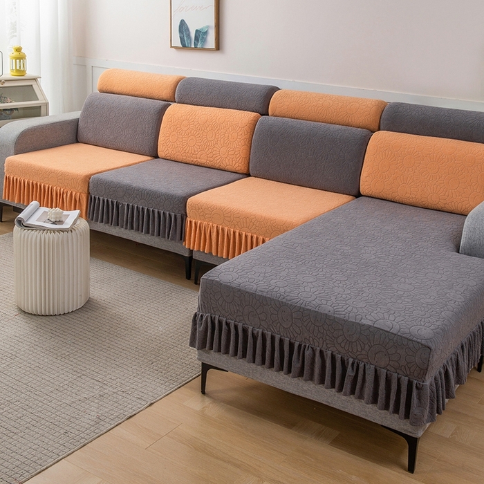 91家纺网 家纺一手货源 找家纺 千彤沙发垫-太阳花--裙边沙发笠系列 深灰橘色