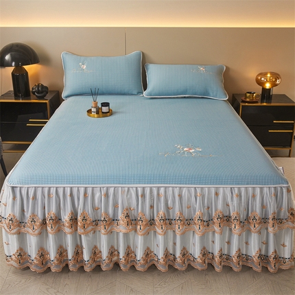 91家纺网 家纺一手货源 找家纺 恒爱 2023 刺绣华夫格床裙三件套 宝石蓝（床裙款）