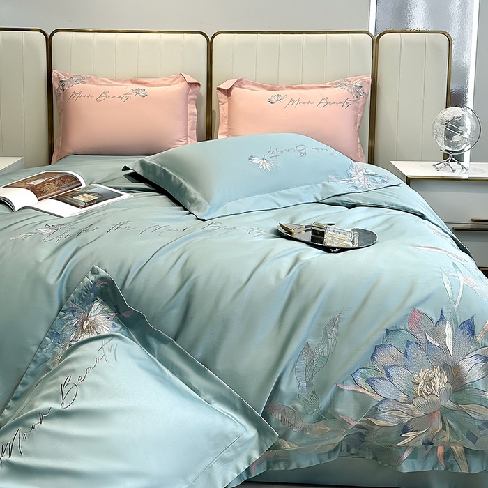 91家纺网 家纺一手货源 找家纺 宅家居 2024轻奢小香风纯棉长绒棉四件套奥菲亚系列 松石绿