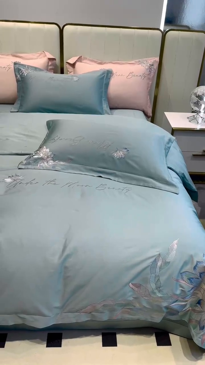 91家纺网 家纺一手货源 找家纺 宅家居 2024轻奢小香风纯棉长绒棉四件套奥菲亚系列 松石绿