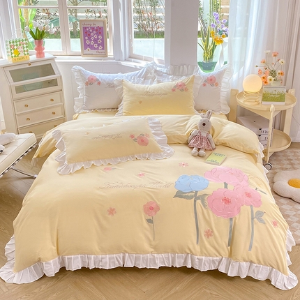 91家纺网 家纺一手货源 找家纺 迪欧芙 2023新款全棉喷气133*72公主风荷叶边四件套 乔安娜黄