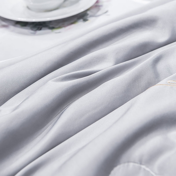 91家纺网 家纺一手货源 找家纺 梦舒羽 新款可水洗真丝被夏天宿舍空调被单人夏凉被纯色冰丝刺绣夏被被子双人薄被 凤羽-浅灰