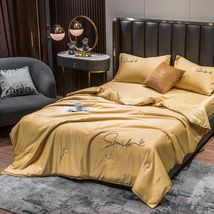 91家纺网 家纺一手货源 找家纺 梦舒羽 新款可水洗真丝被夏天宿舍空调被单人夏凉被纯色冰丝刺绣夏被被子双人薄被 潮流-嫩黄