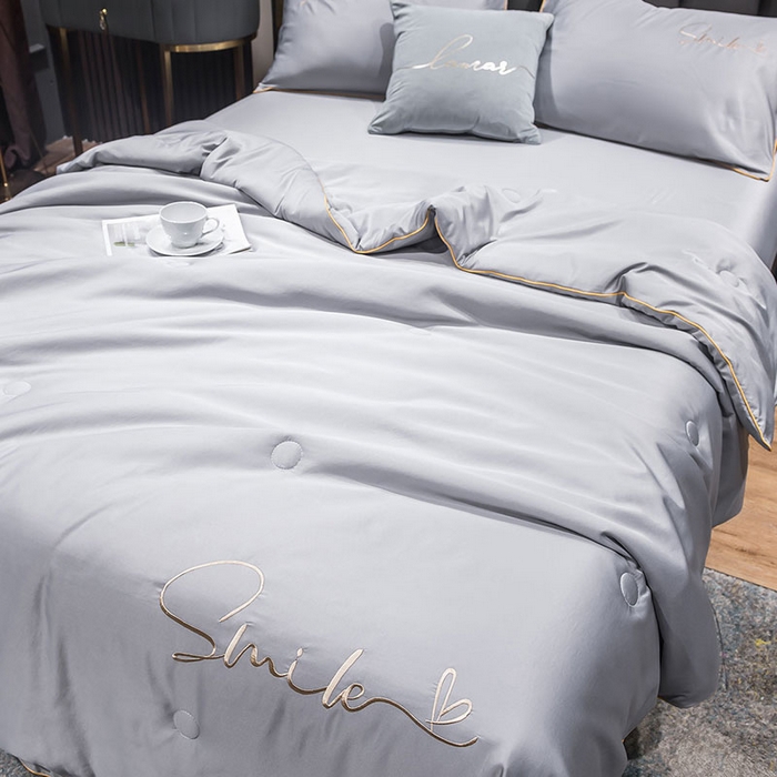 91家纺网 家纺一手货源 找家纺 梦舒羽 新款可水洗真丝被夏天宿舍空调被单人夏凉被纯色冰丝刺绣夏被被子双人薄被 潮流-浅灰
