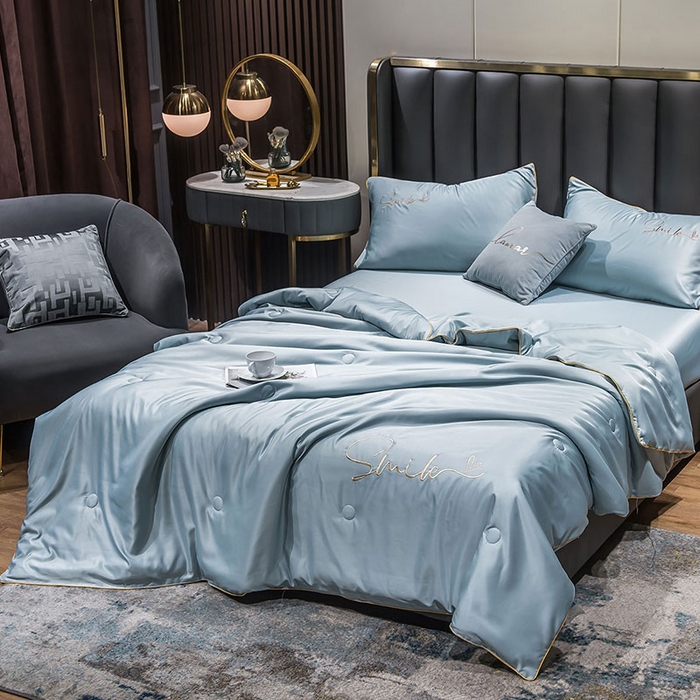 91家纺网 家纺一手货源 找家纺 梦舒羽 新款可水洗真丝被夏天宿舍空调被单人夏凉被纯色冰丝刺绣夏被被子双人薄被 潮流-繁星蓝