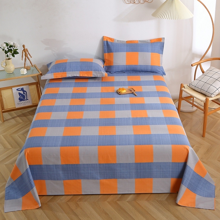 91家纺网 家纺一手货源 找家纺 晶缦2023新款全棉老粗布凉席三件套 蓝橙格