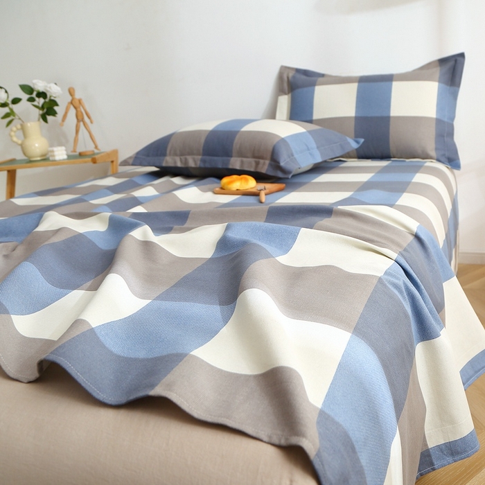 91家纺网 家纺一手货源 找家纺 晶缦2023新款全棉老粗布凉席三件套 蓝大格