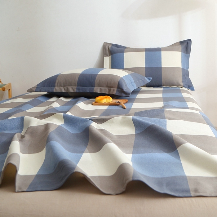 91家纺网 家纺一手货源 找家纺 晶缦2023新款全棉老粗布凉席三件套 蓝大格