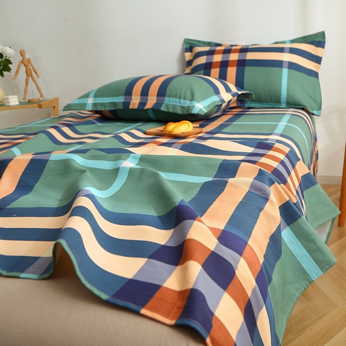 91家纺网 家纺一手货源 找家纺 晶缦2023新款全棉老粗布凉席三件套 绿格