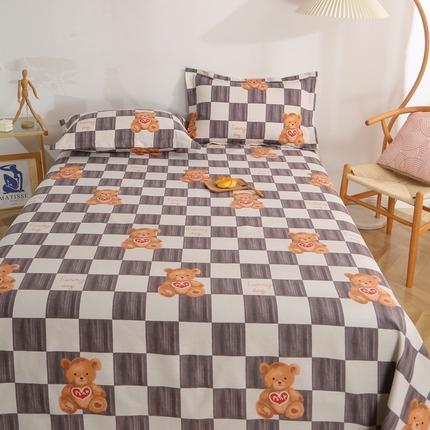 晶缦2023新款全棉老粗布凉席三件套 棋盘熊