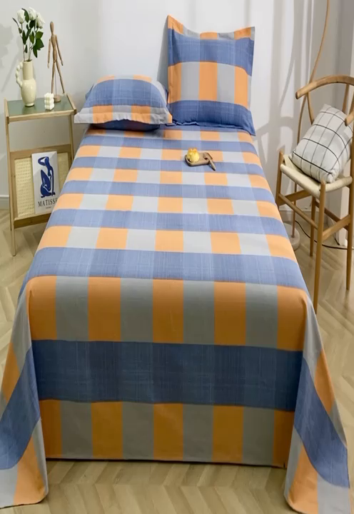 91家纺网 家纺一手货源 找家纺 晶缦2023新款全棉老粗布凉席三件套 蓝橙格