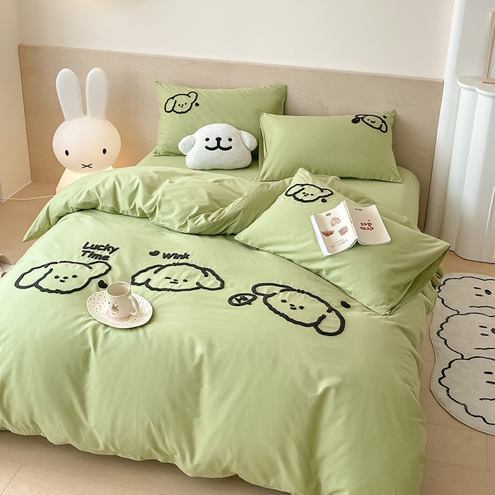 91家纺网 家纺一手货源 找家纺 澳梵家居 2023新款【是修狗呀】系列 全棉大版毛巾绣四件套 是修狗呀-豆绿