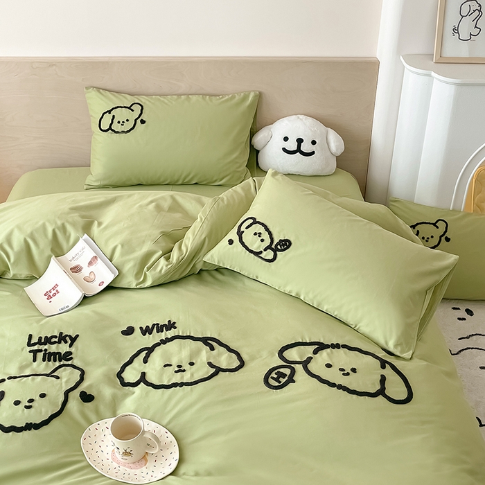 91家纺网 家纺一手货源 找家纺 澳梵家居 2023新款【是修狗呀】系列 全棉大版毛巾绣四件套 是修狗呀-豆绿