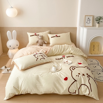 澳梵家居 2023新款【是修狗呀】系列 全棉大版毛巾绣四件套 害羞熊-米白
