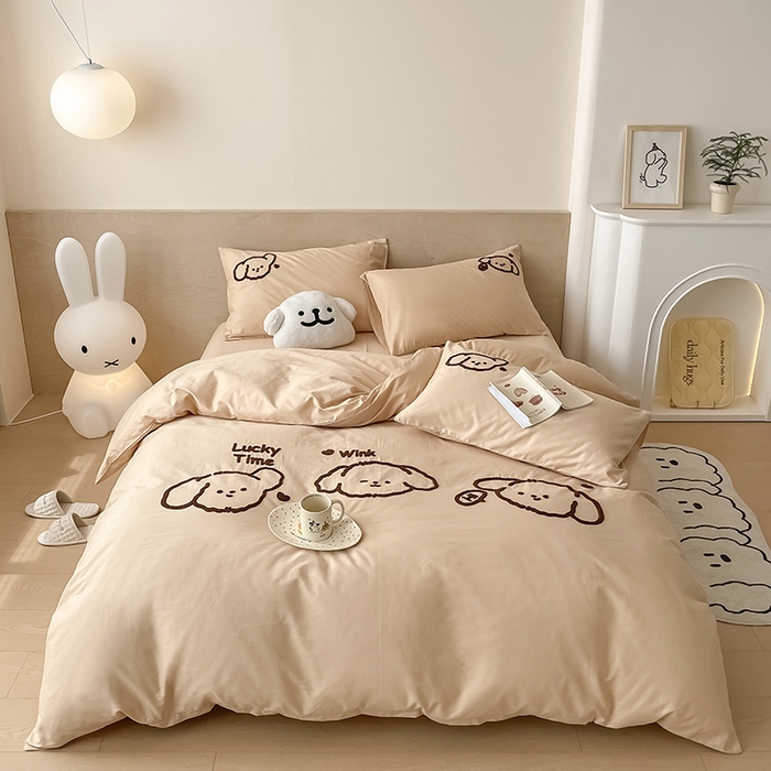 91家纺网 家纺一手货源 找家纺 澳梵家居 2023新款【是修狗呀】系列 全棉大版毛巾绣四件套 是修狗呀-卡其