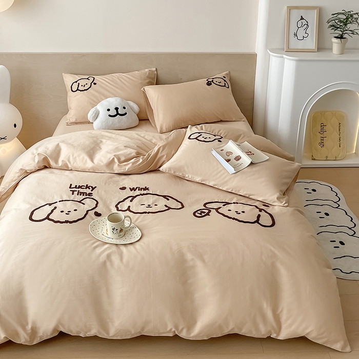 91家纺网 家纺一手货源 找家纺 澳梵家居 2023新款【是修狗呀】系列 全棉大版毛巾绣四件套 是修狗呀-卡其