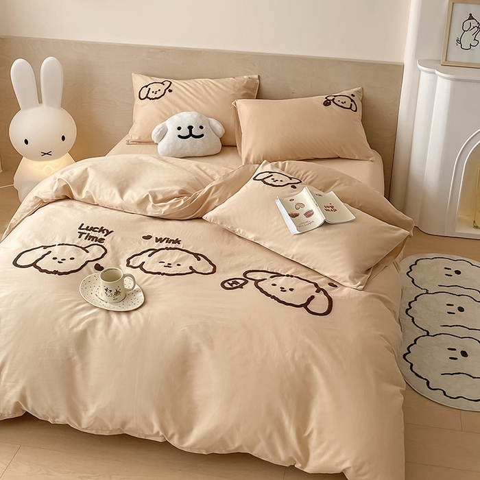 91家纺网 家纺一手货源 找家纺 澳梵家居 2023新款【是修狗呀】系列 全棉大版毛巾绣四件套 是修狗呀-卡其