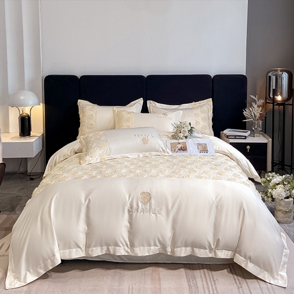 理想家家纺 2023新款 山茶物语 双面冰丝四件套 米